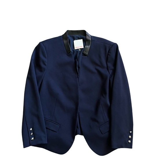 Rebecca Taylor Hook Front Leather Collar Blue Blazer Peplum Back Sz 12 Workwear - Picture 1 of 7